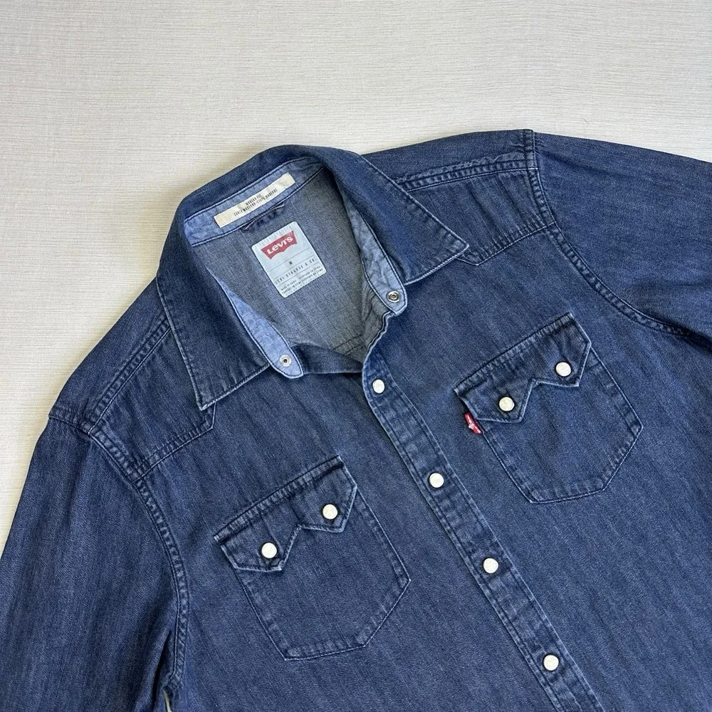 Levis Denim Shirt Modern Fit Sawtooth Pearl Snap Men M Dark Blue Western Rancher